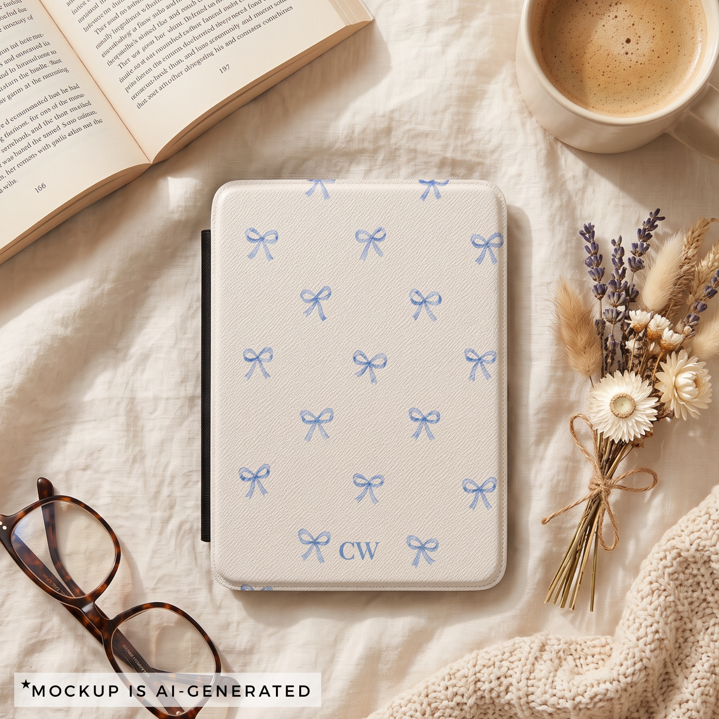 Coquette blue bow Kindle cover lifestyle - preppy aesthetic reader with personalized bow pattern Kindle cover