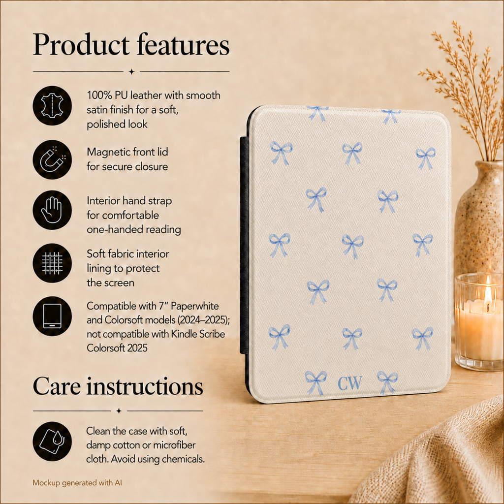 Coquette blue bow Kindle cover side view - slim protective case with bow pattern and custom initials for Paperwhite 2024