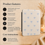 Coquette blue bow Kindle cover side view - slim protective case with bow pattern and custom initials for Paperwhite 2024