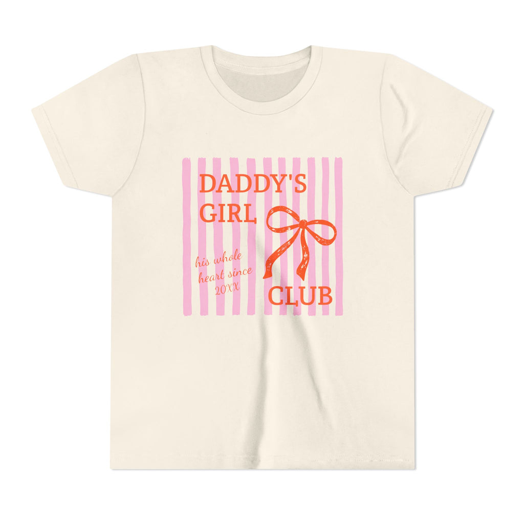 Close-up of Daddy's Girl Club print with his whole heart since custom year and bow detail