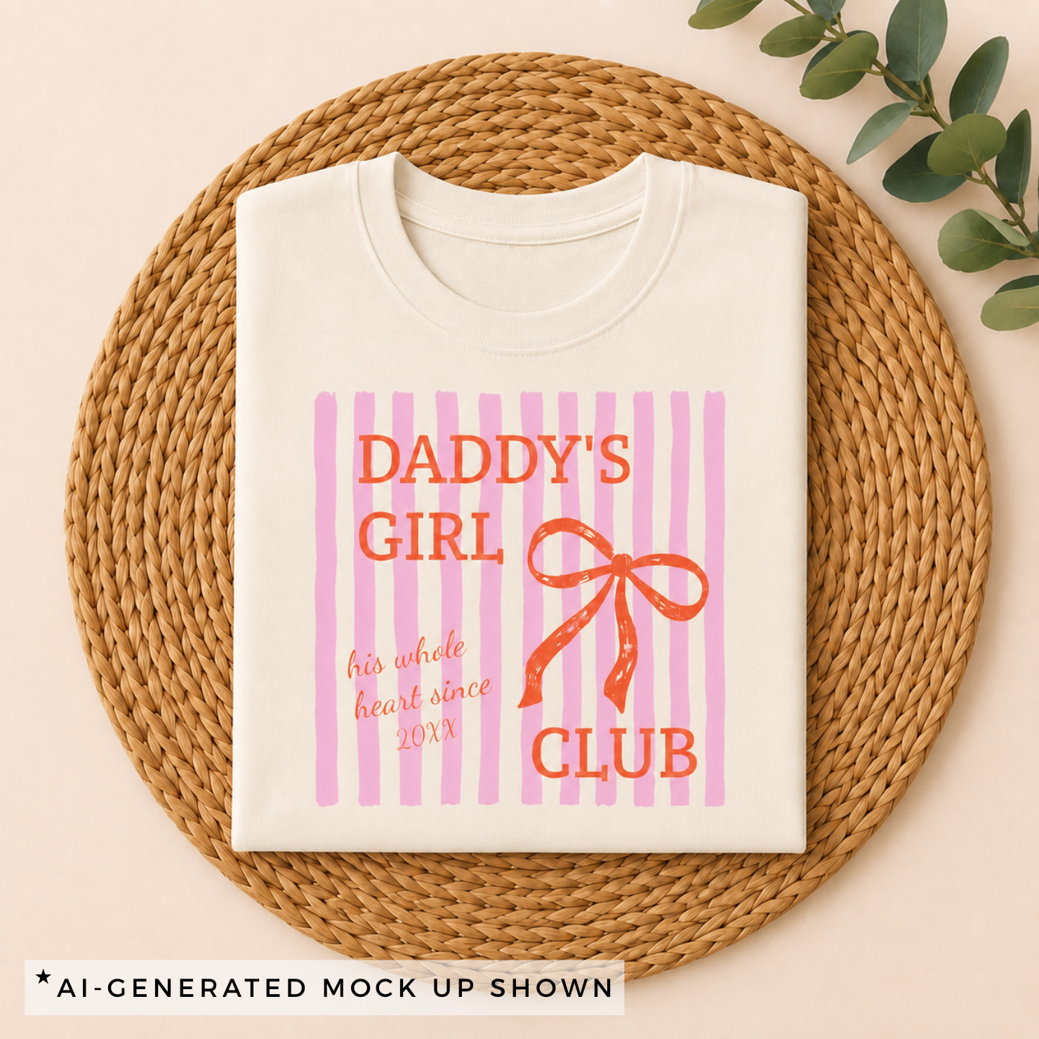 Daddy's Girl Club kids shirt flat lay — white with pink stripes and orange coquette design