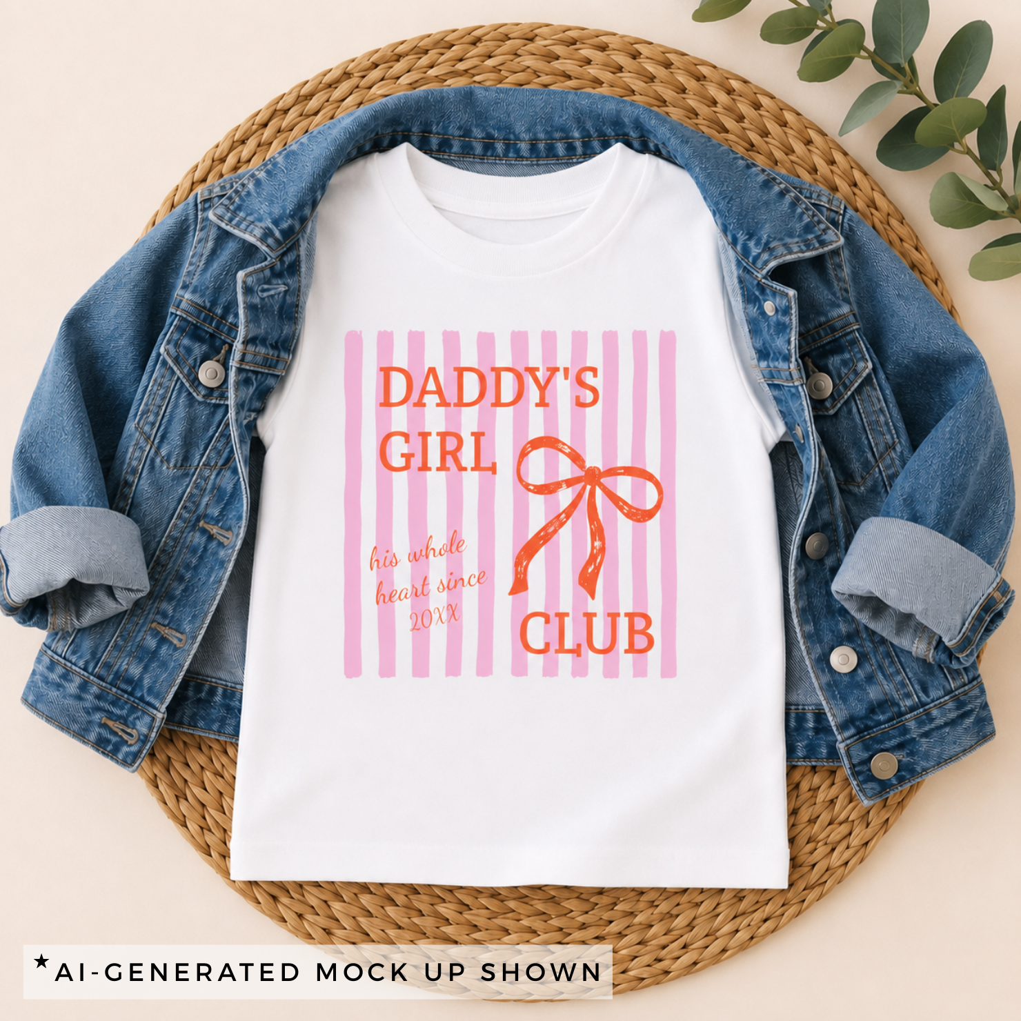 Daddy's Girl Club youth tee in natural color with pink stripe and personalized year