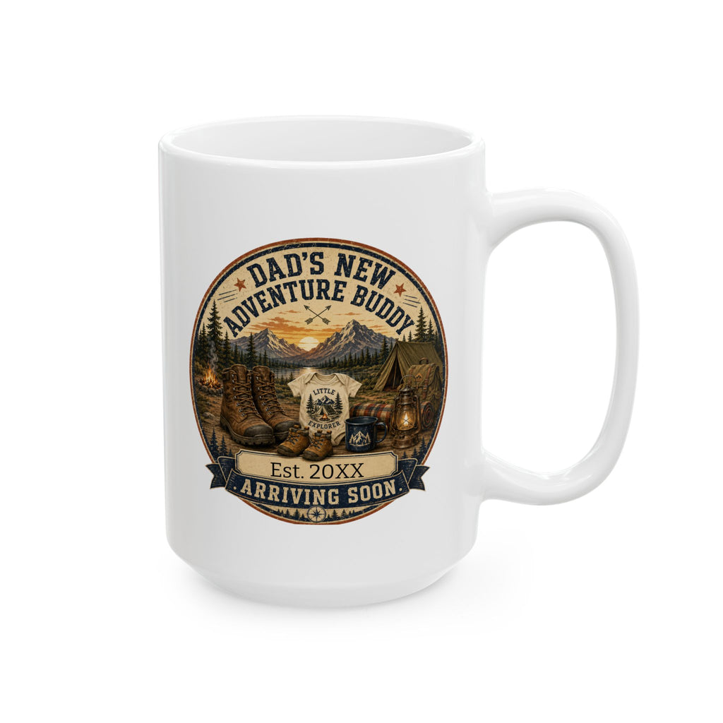 Personalized outdoor dad mug close-up showing little explorer onesie and Est year detail