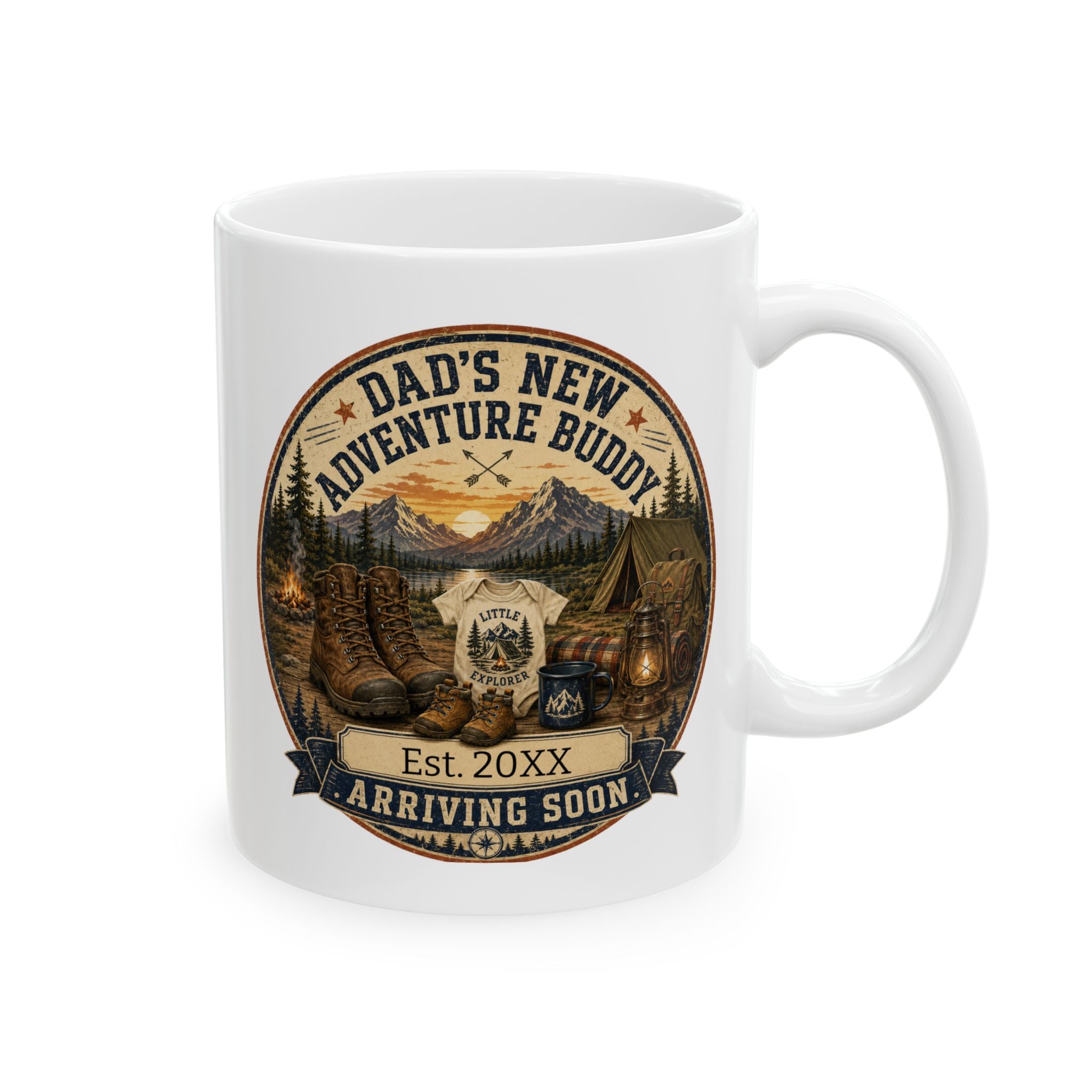 Dad's new adventure buddy arriving soon pregnancy announcement mug, front view 11oz