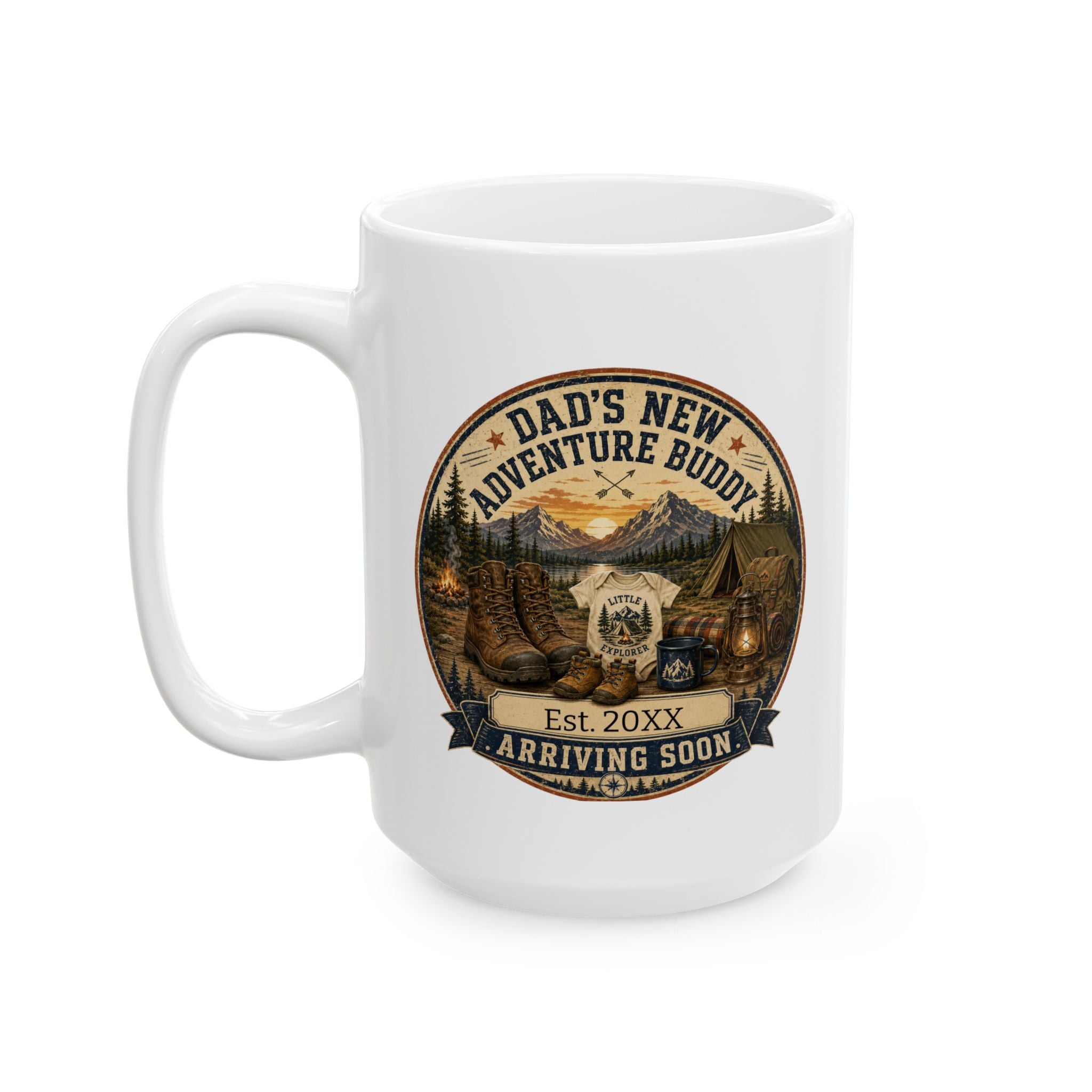 Dad's new adventure buddy mug gift for expecting dad, camping theme pregnancy reveal
