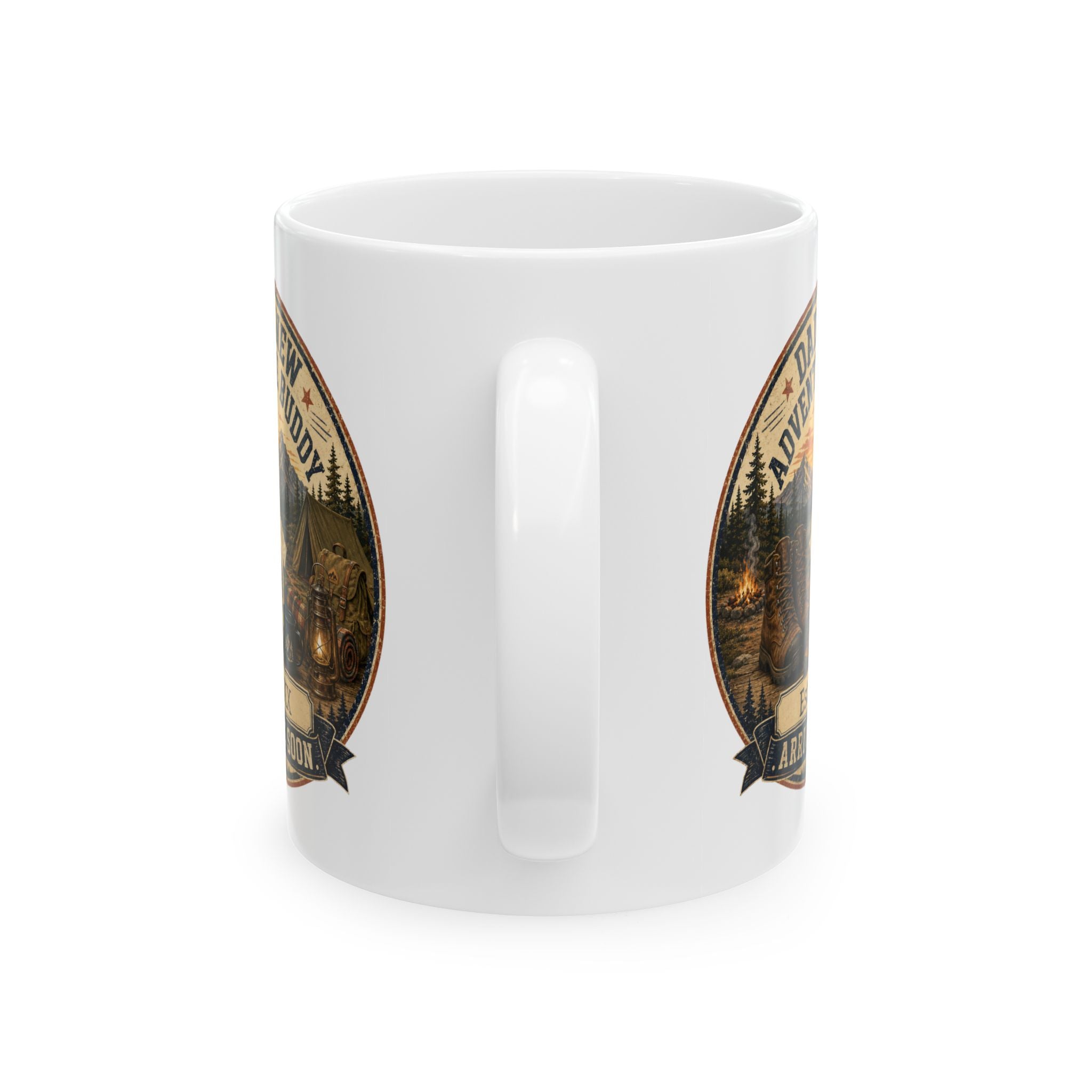 Camping gift for dad to be, personalized mug with mountain and forest scene Est 20XX