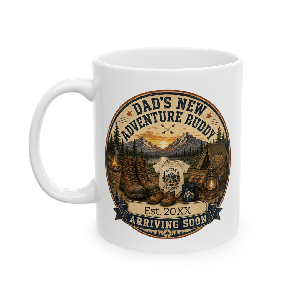 Outdoor dad pregnancy announcement mug on wooden table, lifestyle shot