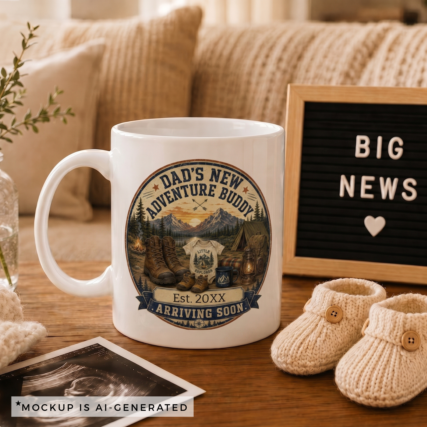 Personalized camping dad pregnancy announcement mug, white background product shot