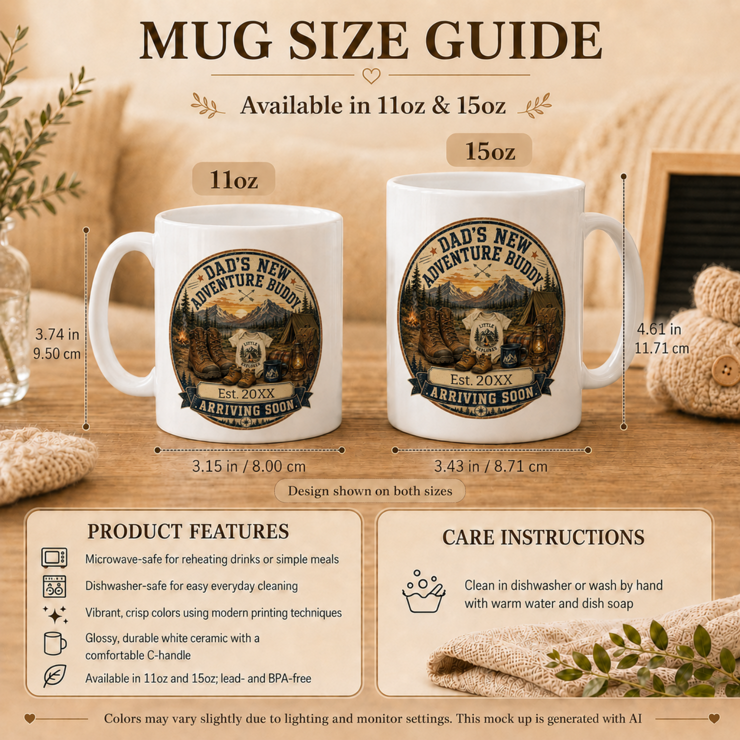Dads New Adventure Buddy mug right side view - camping pregnancy announcement mug with mountain and forest scene