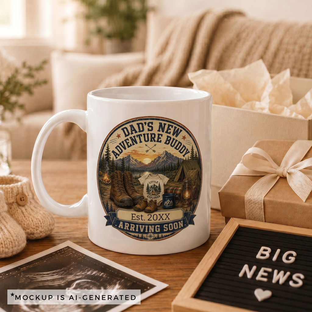 Custom year adventure buddy mug with campfire and tent illustration