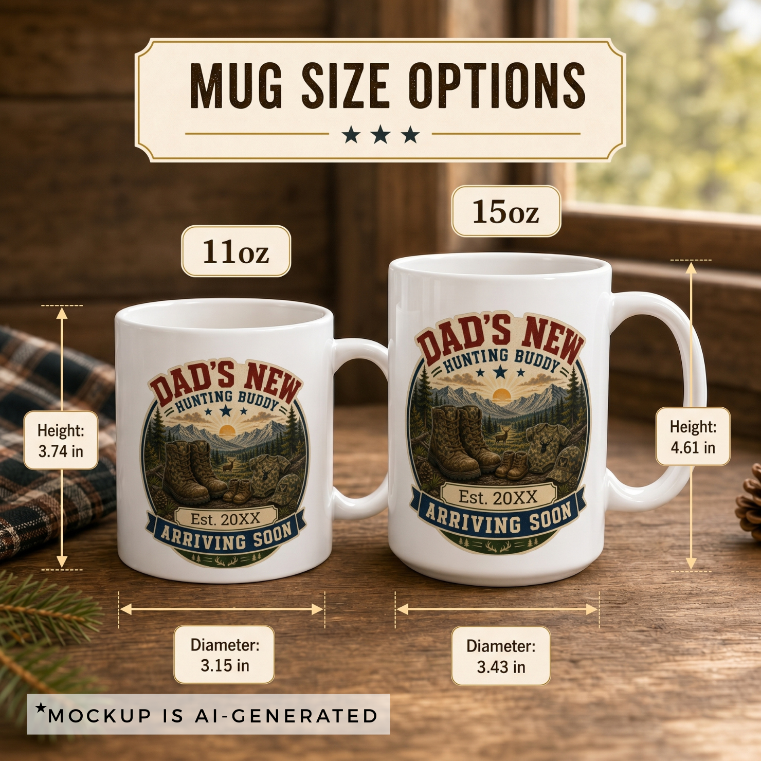 Pregnancy announcement mug 15oz size option, dad's hunting buddy arriving soon design