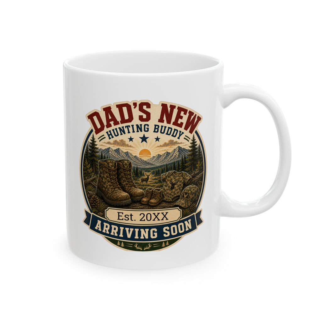 Dad's new hunting buddy arriving soon pregnancy announcement mug, front view 11oz