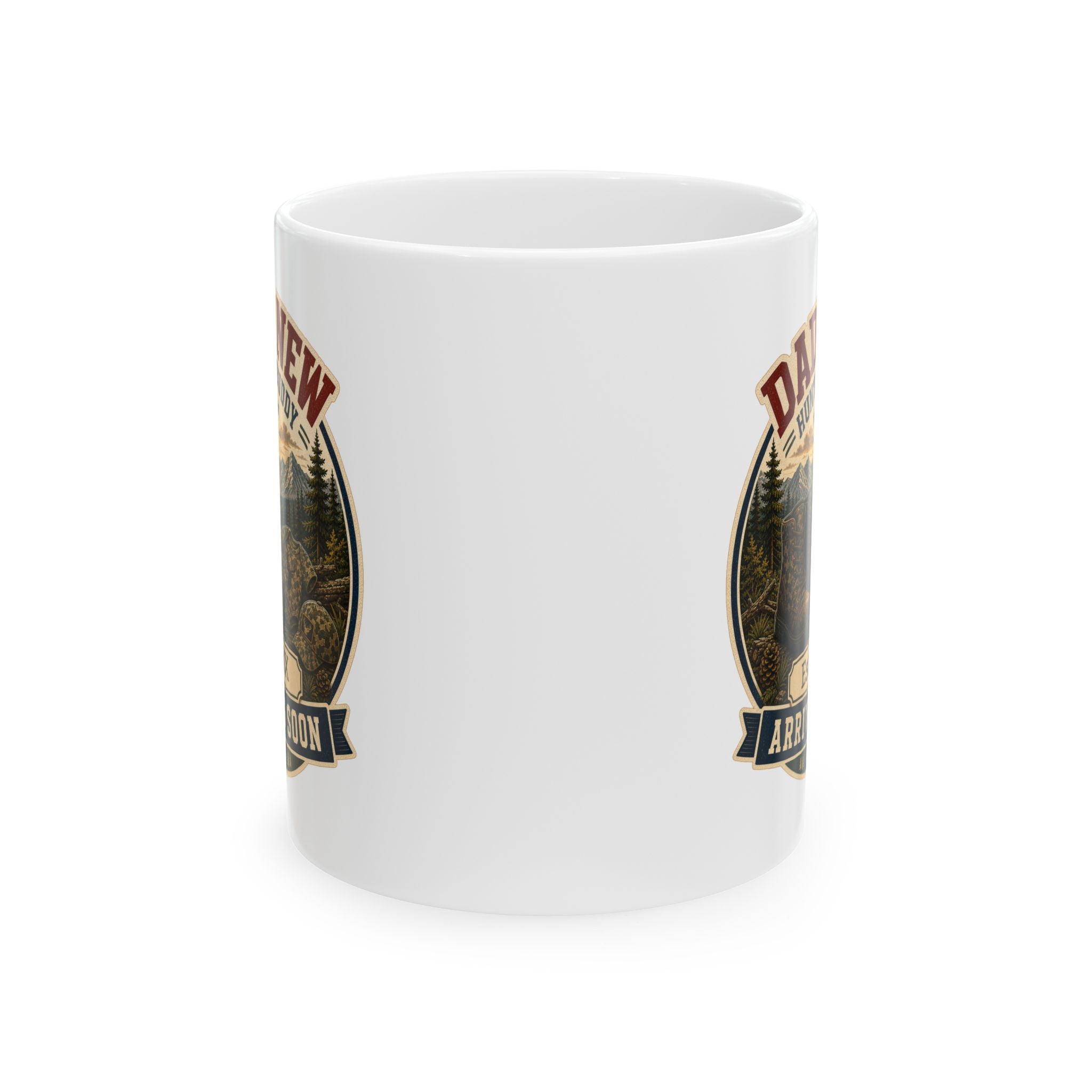 Hunting gift for dad to be, personalized mug with mountain and forest scene Est 20XX