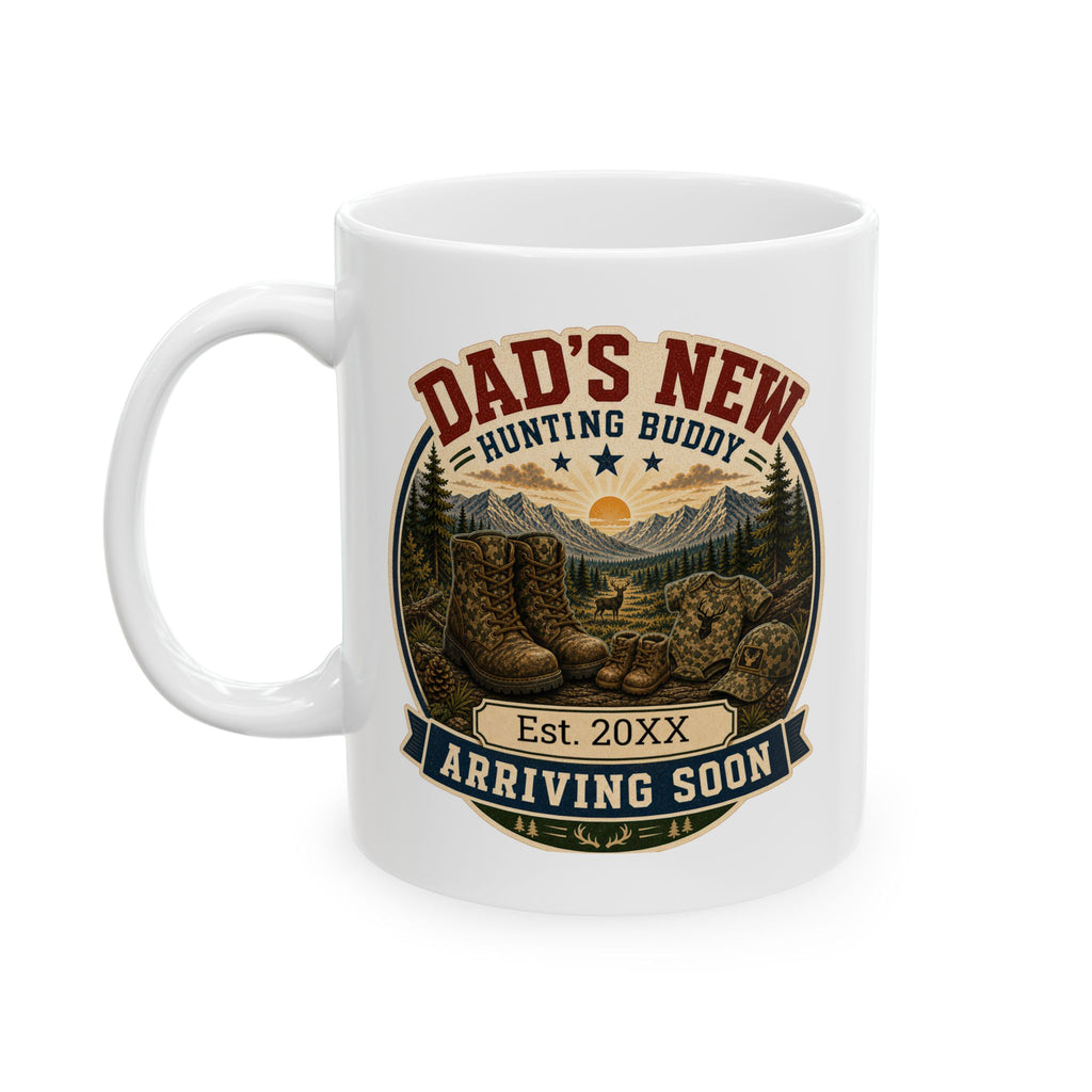 Outdoor dad pregnancy announcement mug on wooden table, lifestyle shot