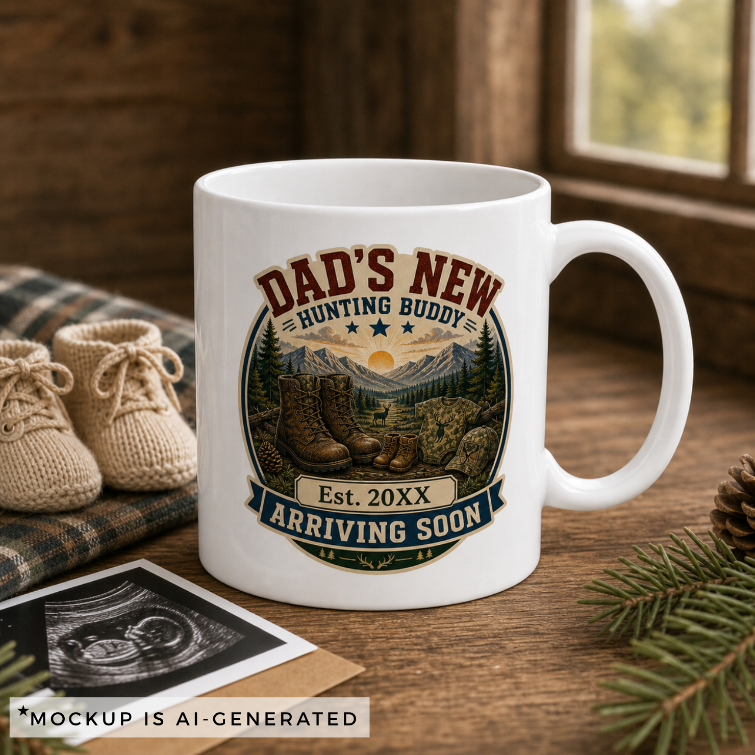 Personalized hunting dad pregnancy announcement mug, white background product shot