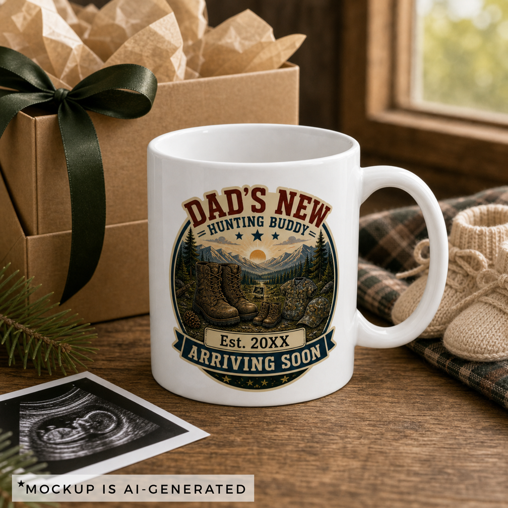 Custom year hunting buddy mug with camo boots and baby boots illustration