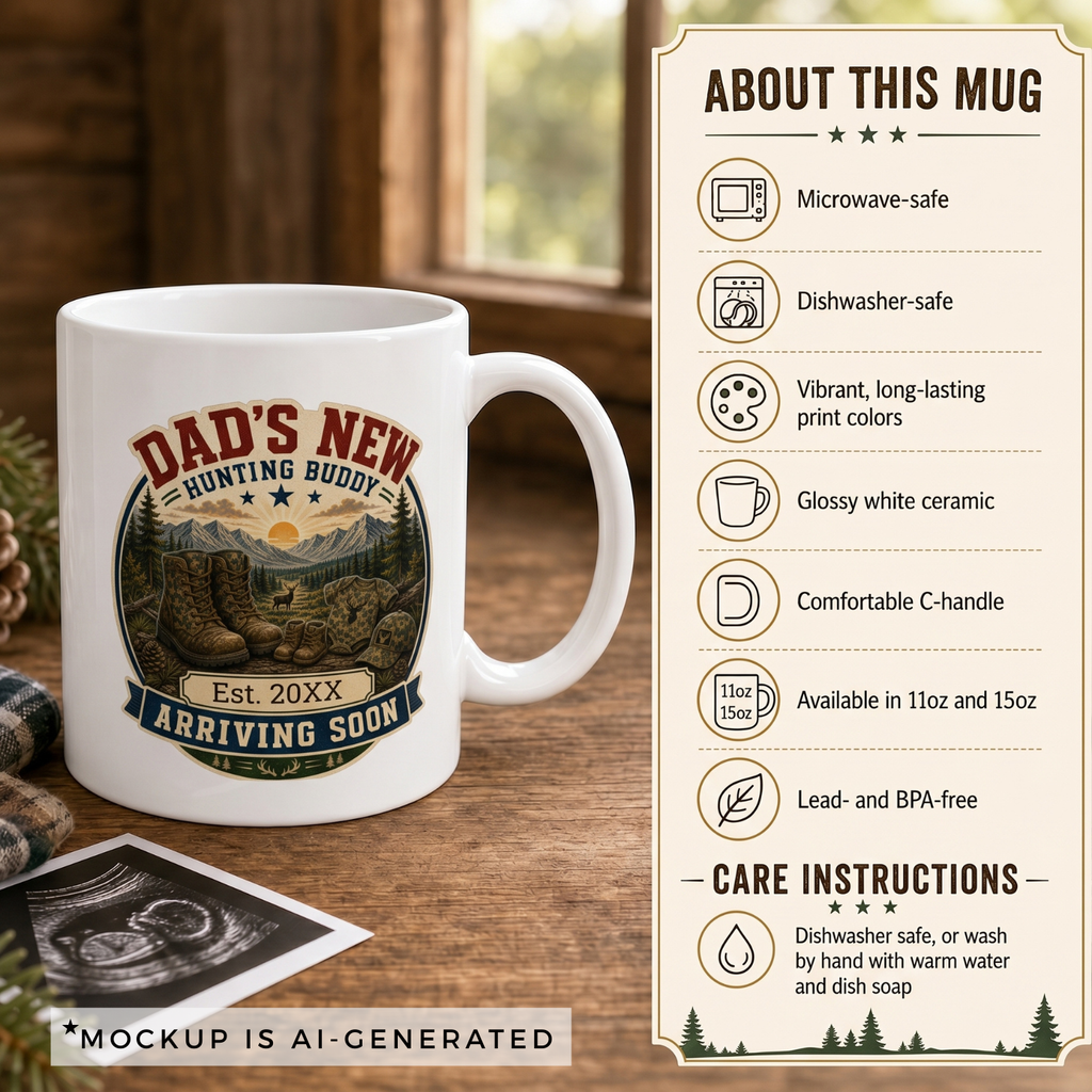 Personalized hunting dad mug close-up showing Est year detail and deer illustration