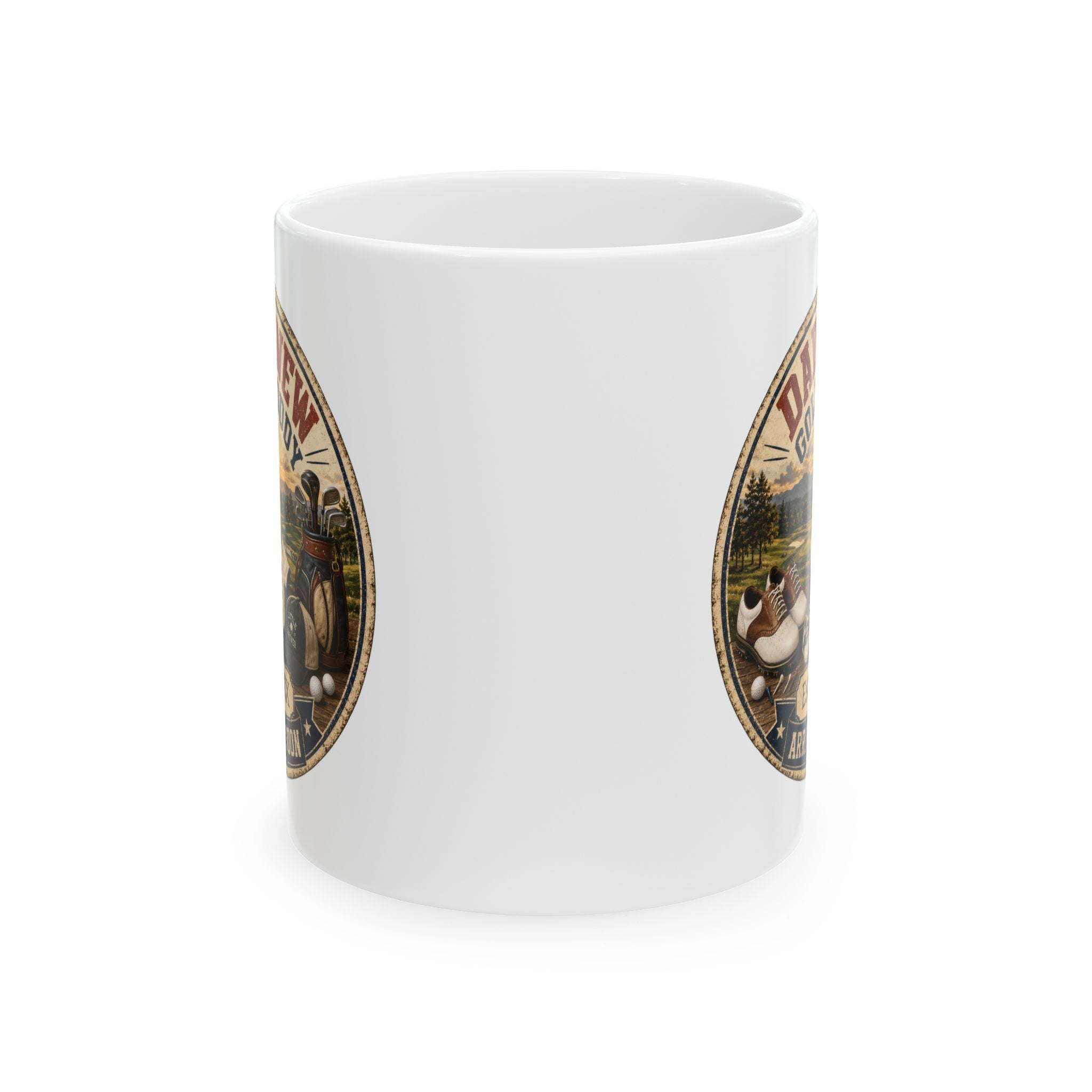 Golf dad gift mug 11oz - vintage badge pregnancy reveal with Est 20XX and Arriving Soon banner