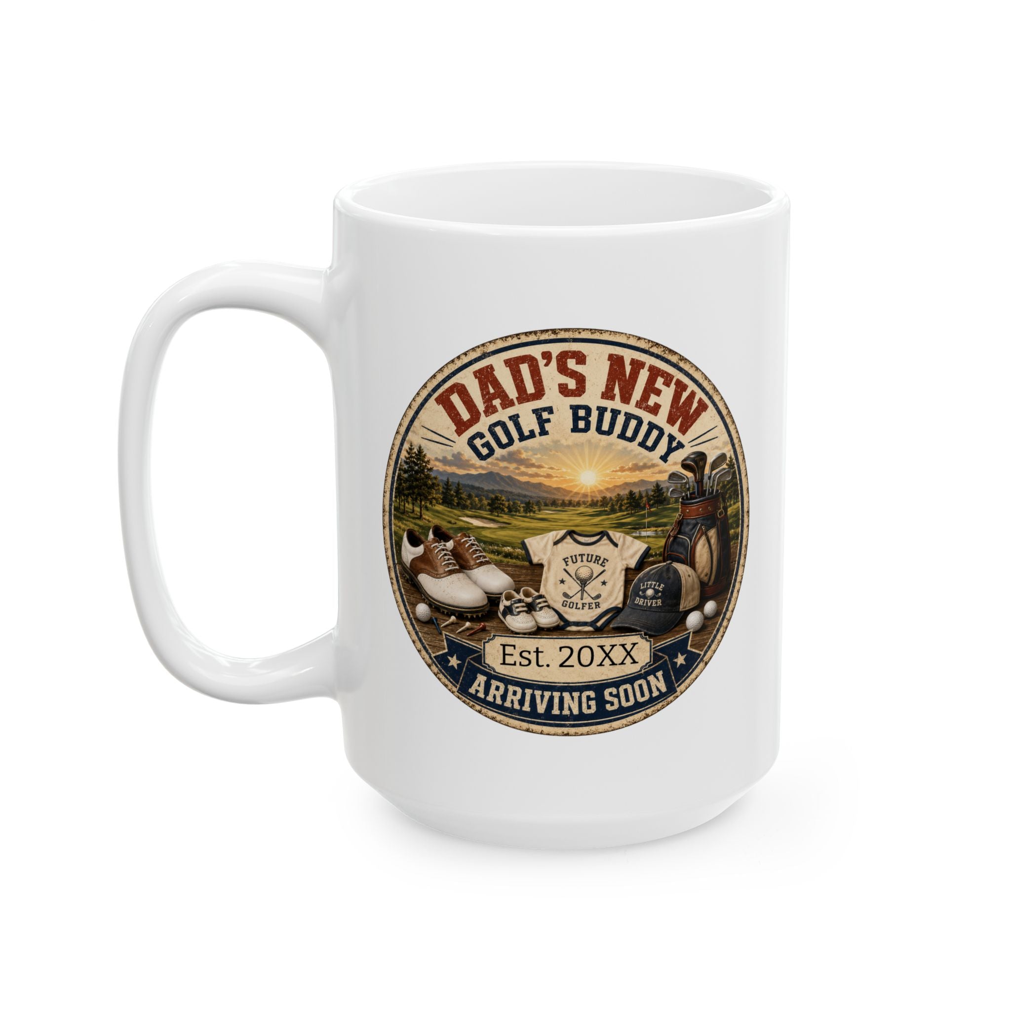 Personalized pregnancy announcement mug for golf dad - 15oz white ceramic with vintage badge design