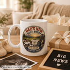 Close-up of Dads New Golf Buddy mug badge - vintage golf scene with Future Golfer onesie and Little Driver cap
