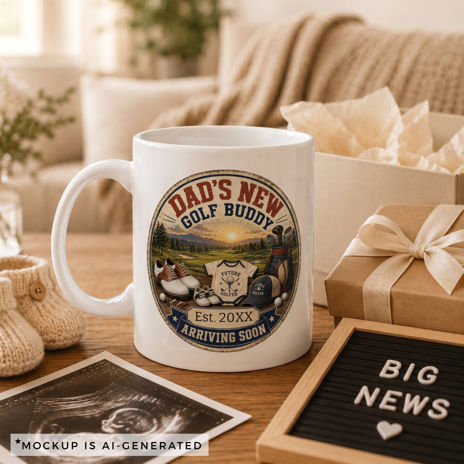 Close-up of Dads New Golf Buddy mug badge - vintage golf scene with Future Golfer onesie and Little Driver cap