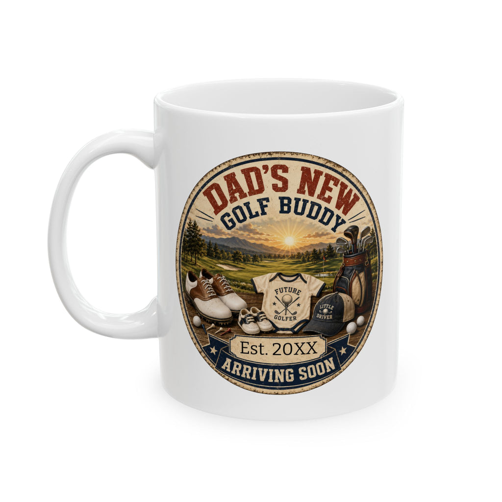 Pregnancy announcement mug for golf loving dad - personalized with baby arrival year on white ceramic