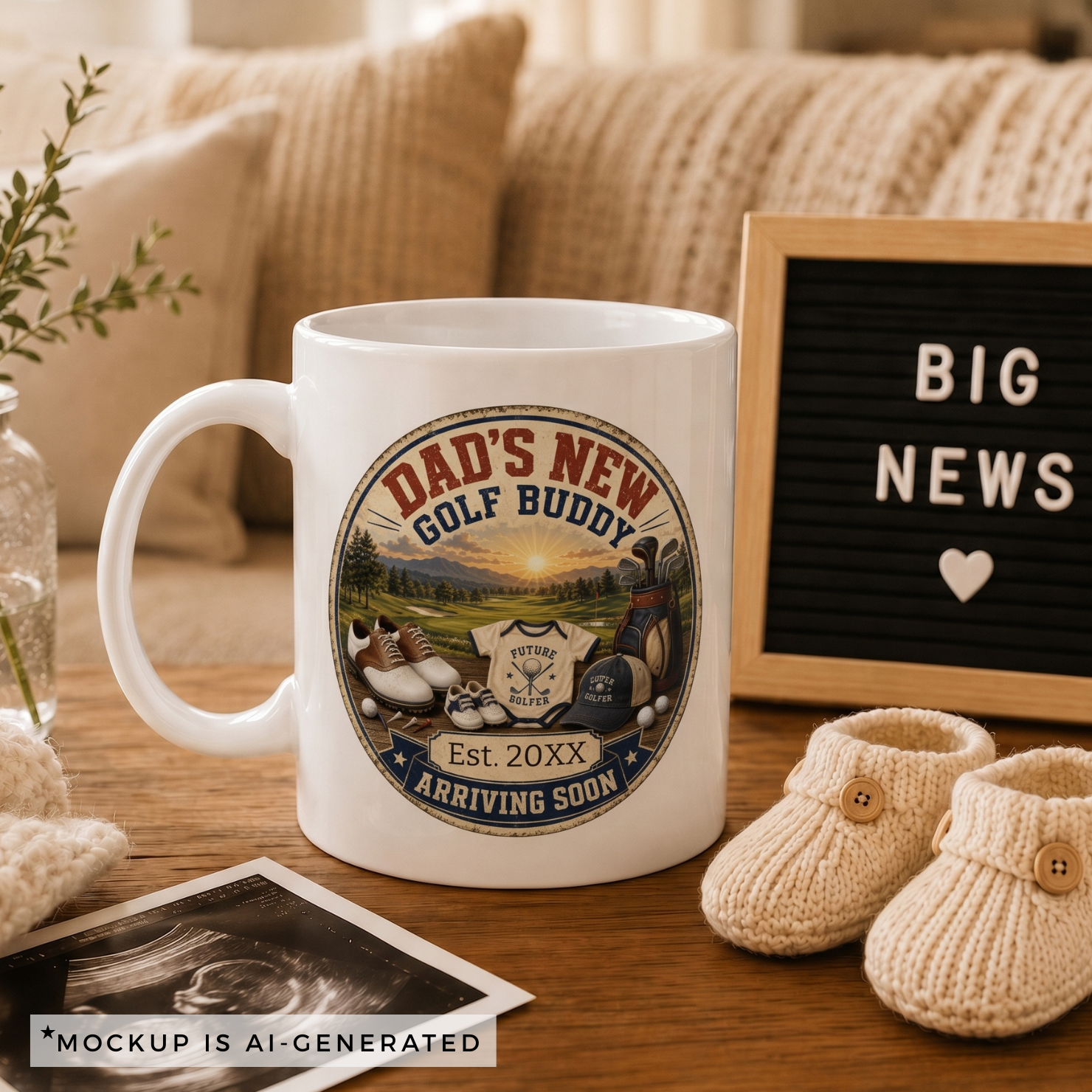 Pregnancy reveal mug for golf dad - Est 20XX Arriving Soon circular badge design on white ceramic