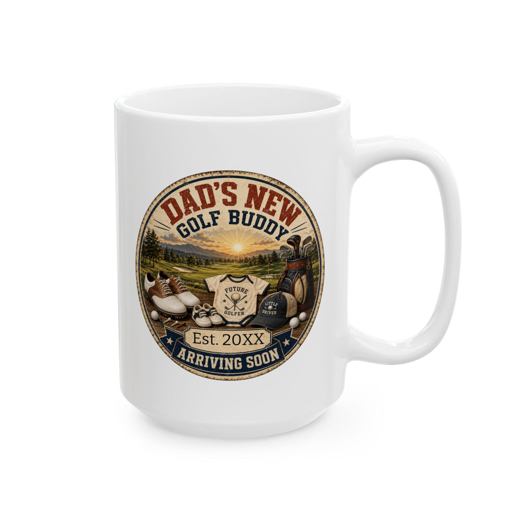 Dads New Golf Buddy mug in home setting - unique pregnancy reveal keepsake gift for golf loving father
