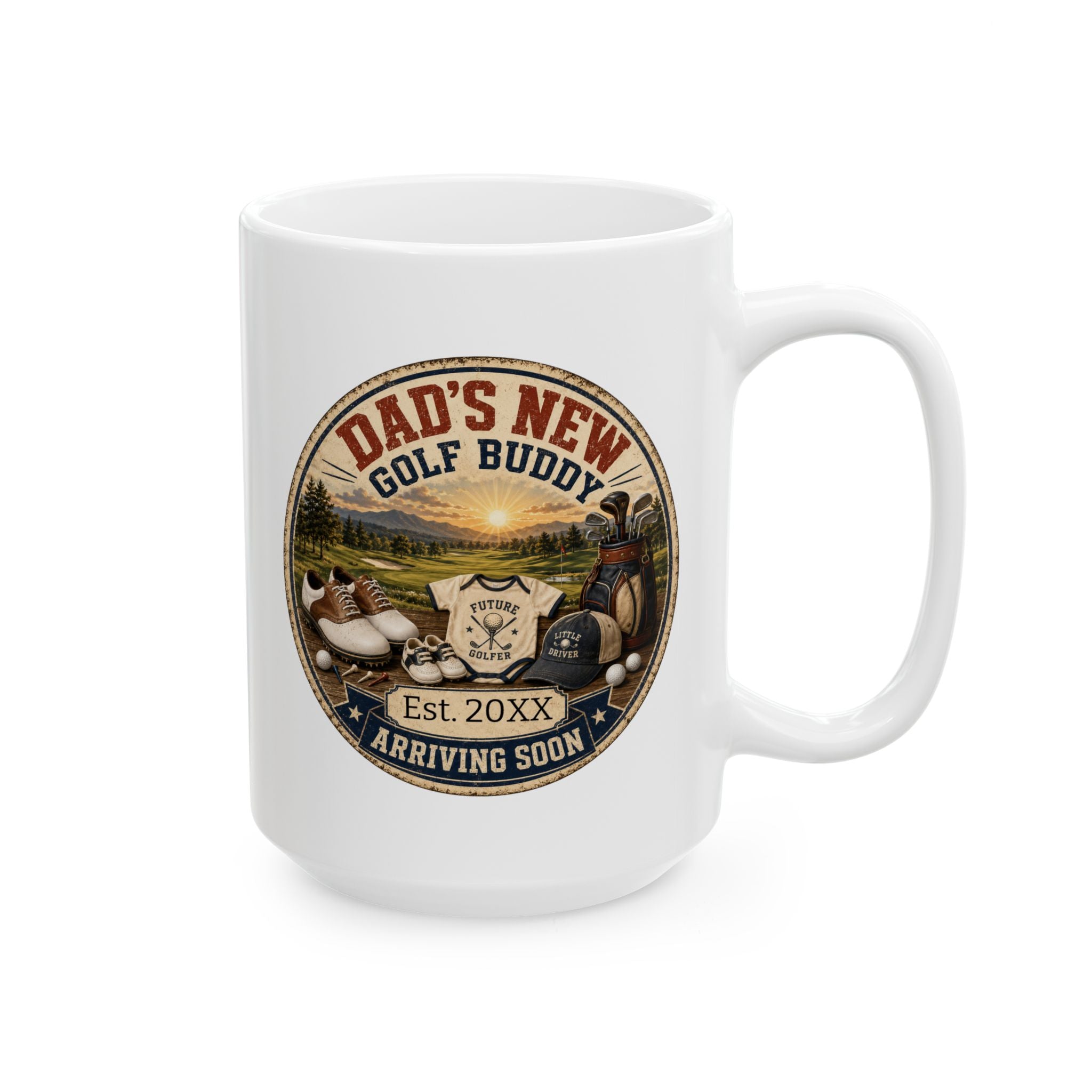Dads New Golf Buddy mug in home setting - unique pregnancy reveal keepsake gift for golf loving father