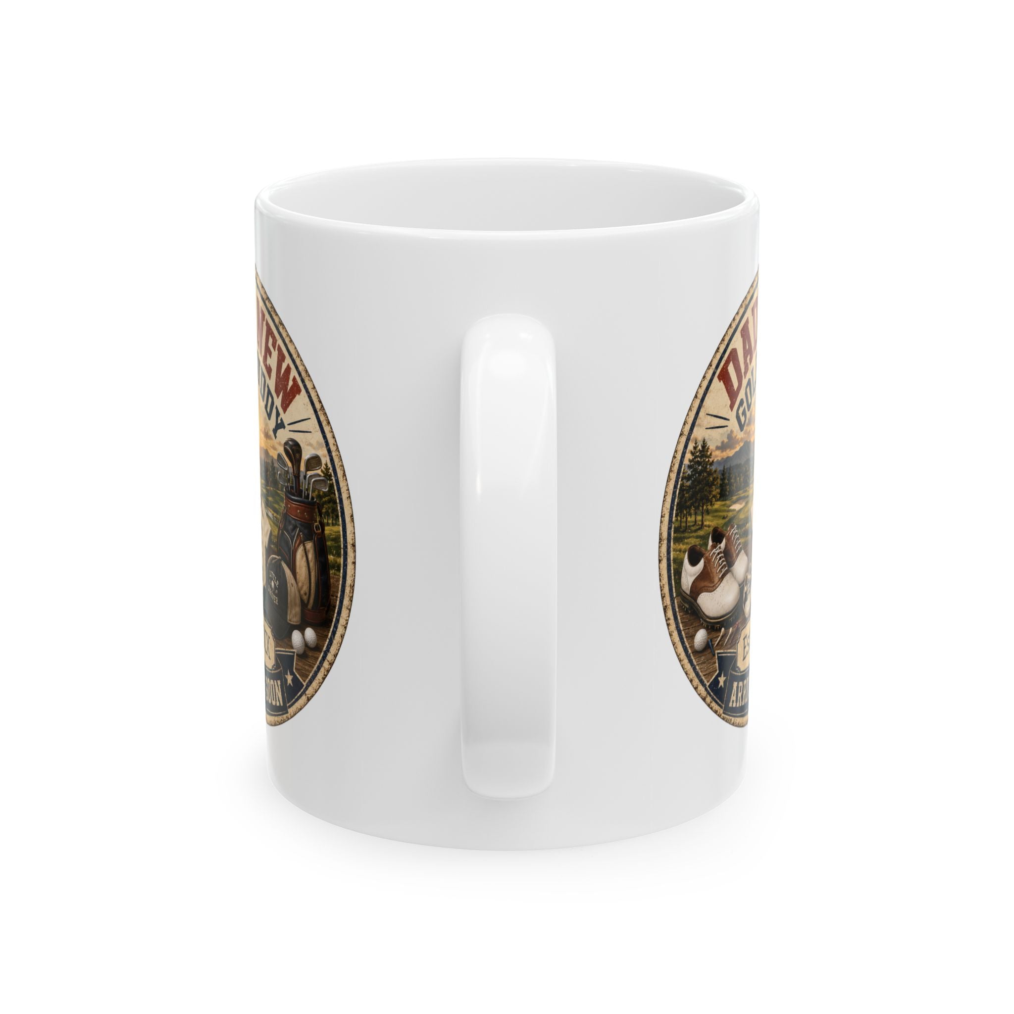 New dad golf mug pregnancy reveal gift - white ceramic with golf course sunset illustration and baby announcement