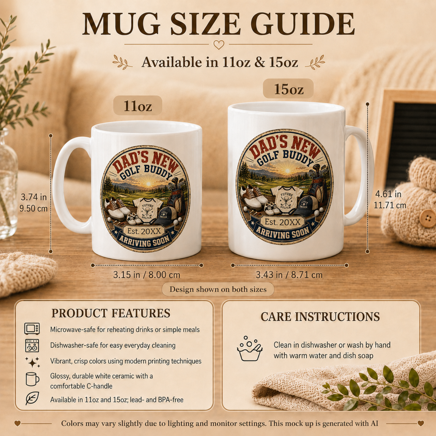 Dads New Golf Buddy pregnancy mug right side view - Arriving Soon ceramic mug gift for new dad golfer