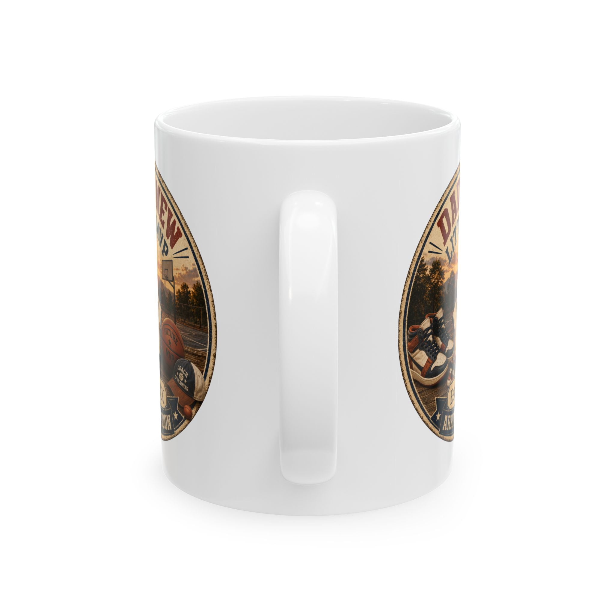 Basketball dad gift mug 11oz - vintage badge pregnancy reveal with Est 20XX and Arriving Soon banner