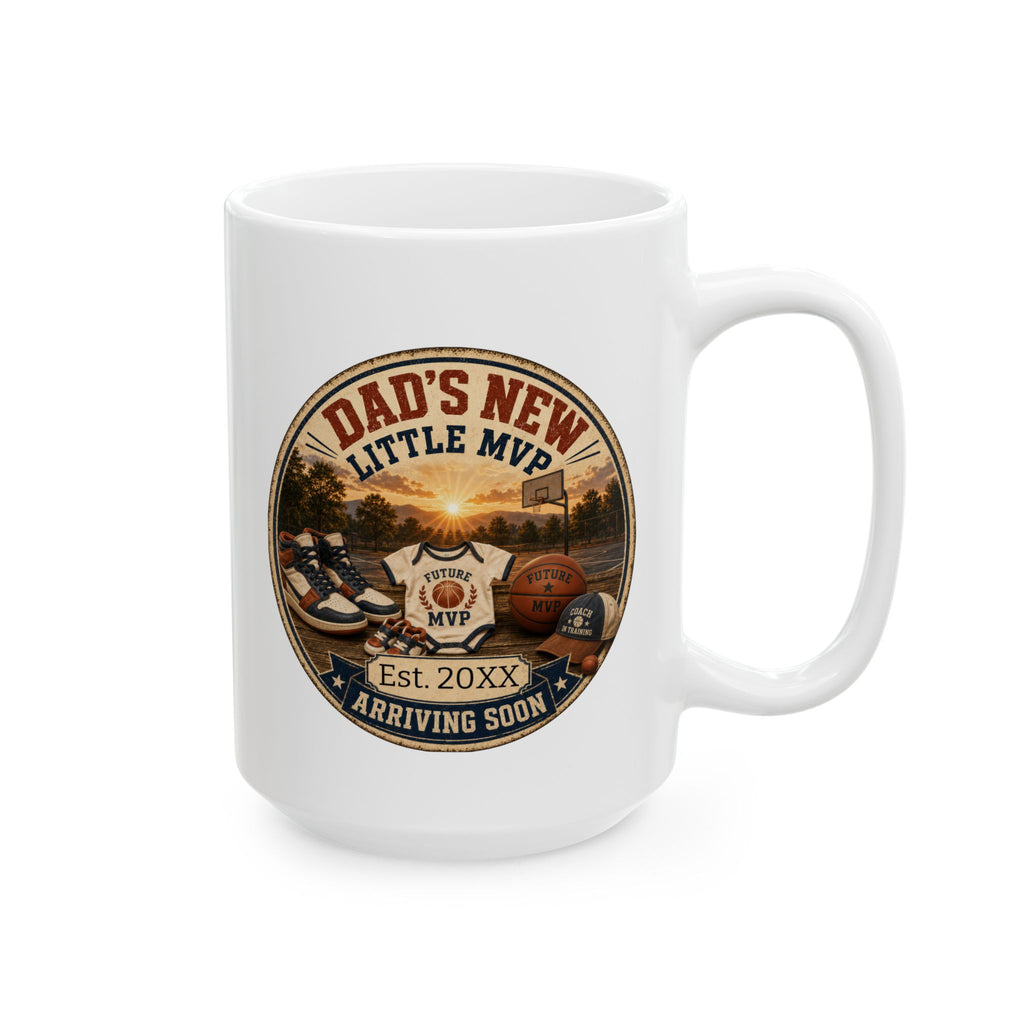 Personalized pregnancy announcement mug for basketball dad - 15oz white ceramic with vintage badge design