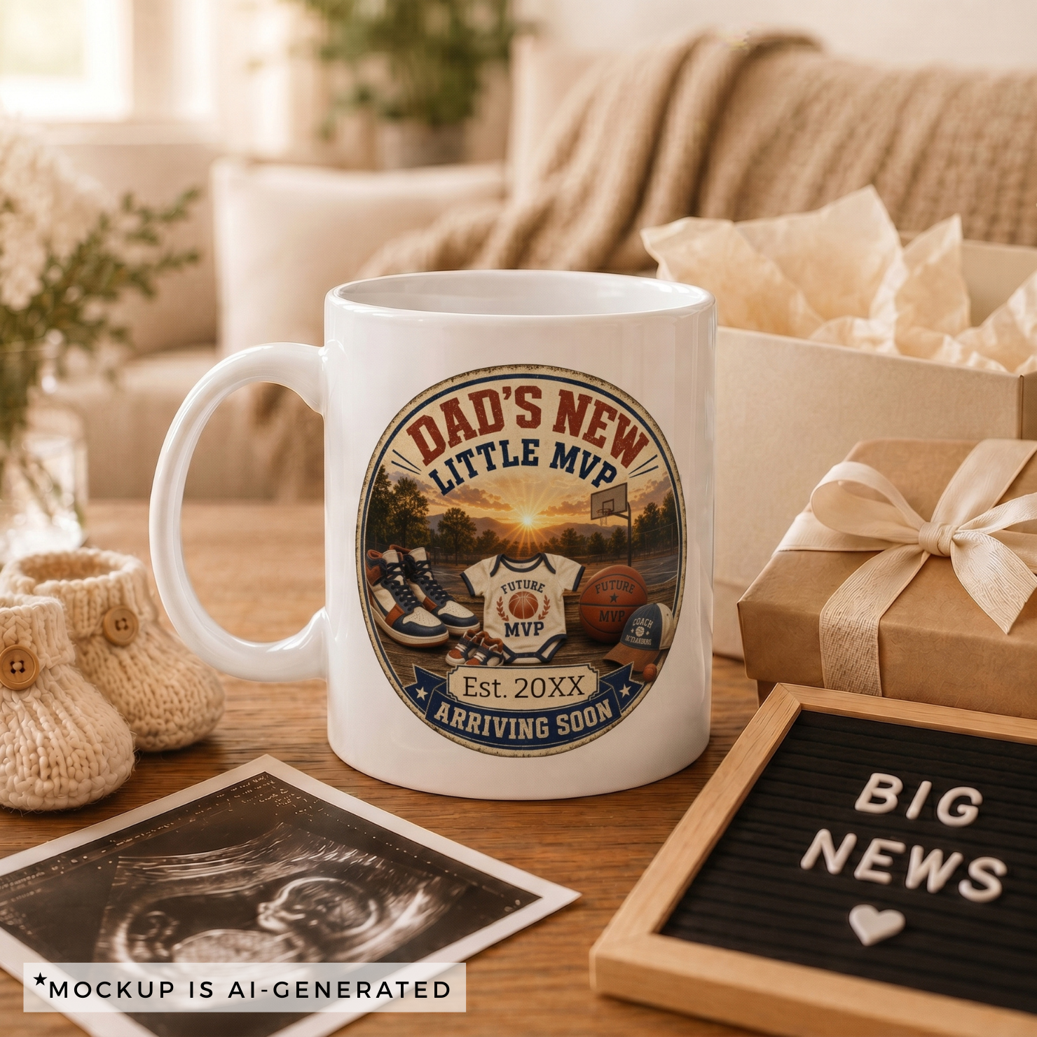 Close-up of Dads New Little MVP mug badge - vintage basketball scene with Future MVP onesie and Coach in Training cap