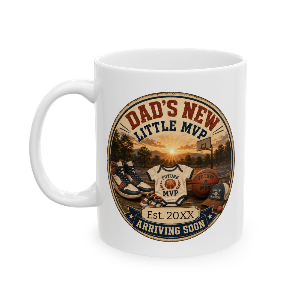 Pregnancy announcement mug for sports loving dad - personalized with baby arrival year on white ceramic