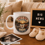 Pregnancy reveal mug for basketball dad - Est 20XX Arriving Soon circular badge design on white ceramic