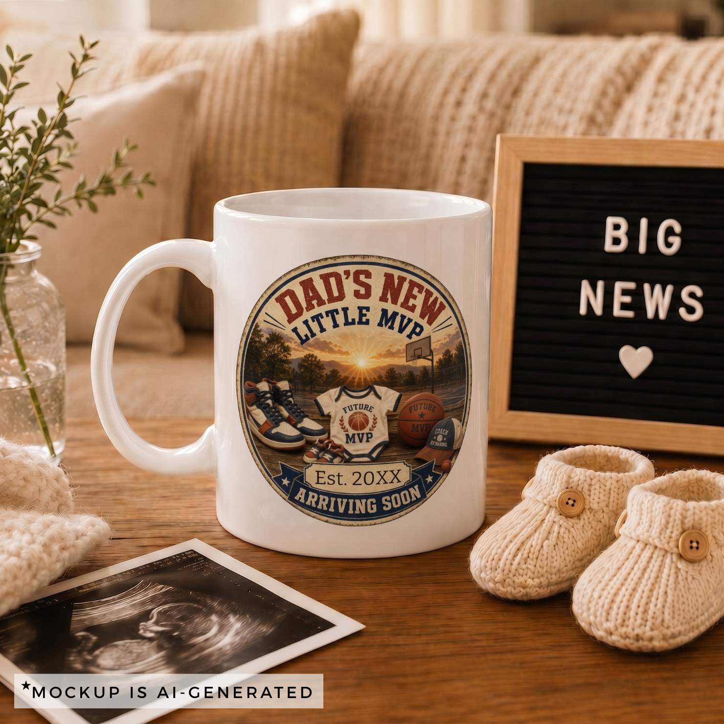 Pregnancy reveal mug for basketball dad - Est 20XX Arriving Soon circular badge design on white ceramic