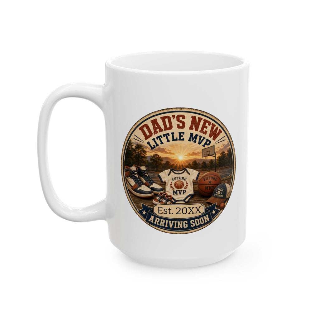 Dads New Little MVP mug in home setting - unique pregnancy reveal keepsake gift for sports loving father
