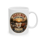 Dads New Little MVP pregnancy announcement mug - vintage badge design with basketball court and Future MVP onesie on white 11oz ceramic