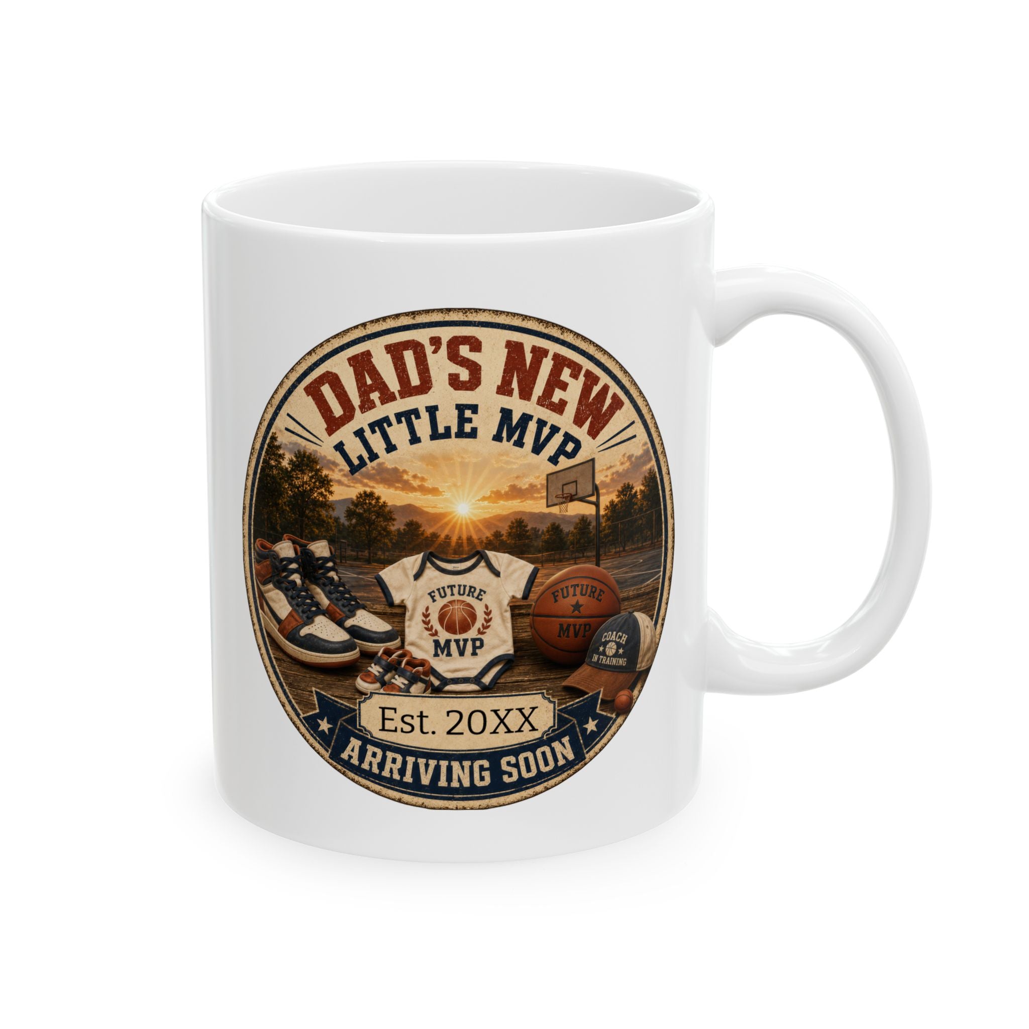 Dads New Little MVP pregnancy announcement mug - vintage badge design with basketball court and Future MVP onesie on white 11oz ceramic