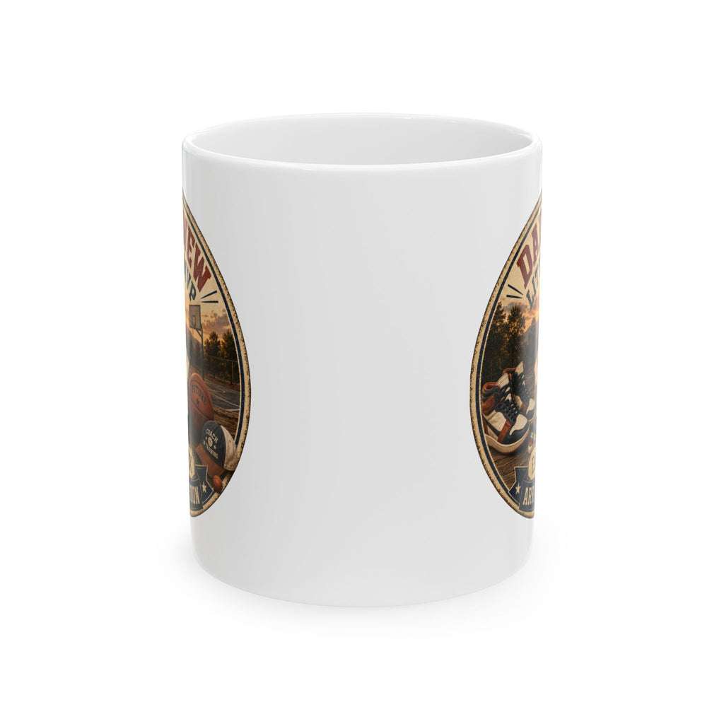 New dad basketball mug pregnancy reveal gift - white ceramic with sunset court illustration and baby announcement design