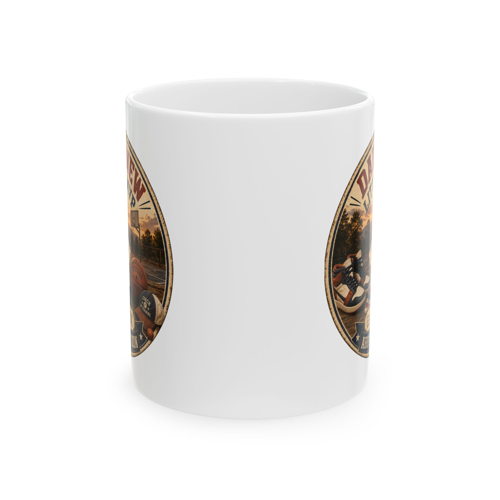 New dad basketball mug pregnancy reveal gift - white ceramic with sunset court illustration and baby announcement design
