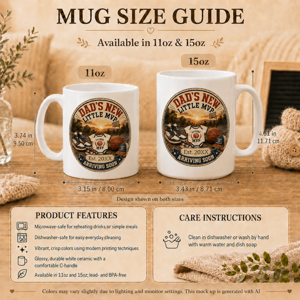 Dads New Little MVP pregnancy mug right side view - Arriving Soon ceramic mug gift for basketball dad