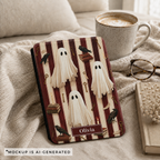 Dark academia ghost raven Kindle cover flat lay - burgundy stripe gothic halloween design with ghosts keys ravens and personalized name