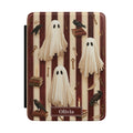 Dark academia Halloween stripe ghost raven personalized Kindle cover - burgundy cream stripes with sheet ghosts ravens golden keys candles and custom name
