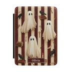 Dark academia Halloween stripe ghost raven personalized Kindle cover - burgundy cream stripes with sheet ghosts ravens golden keys candles and custom name