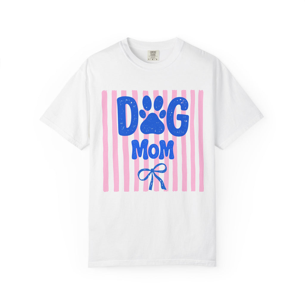 Dog Mom tee with chunky blue lettering, pink stripes and bow detail on ivory Comfort Colors