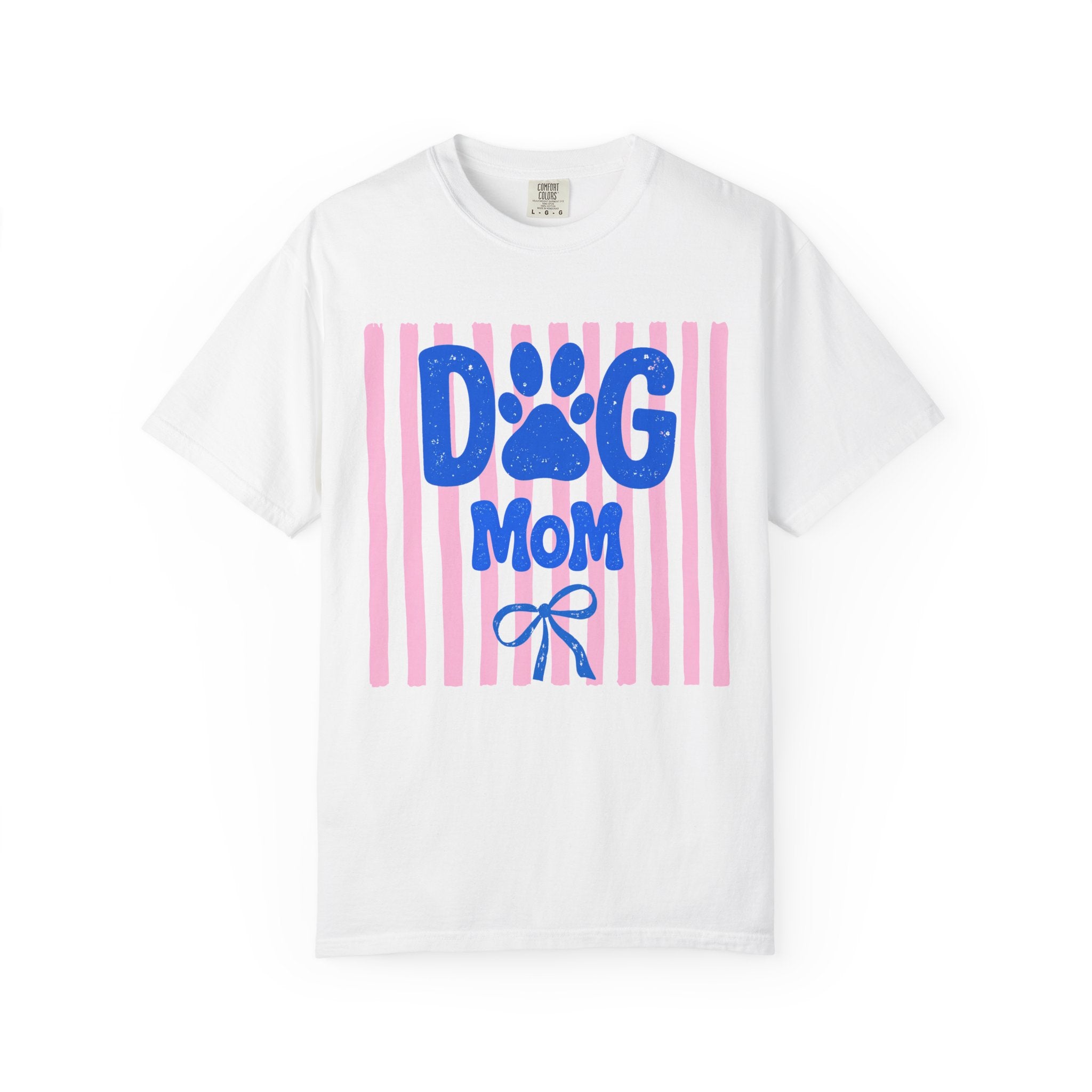 Dog Mom tee with chunky blue lettering, pink stripes and bow detail on ivory Comfort Colors