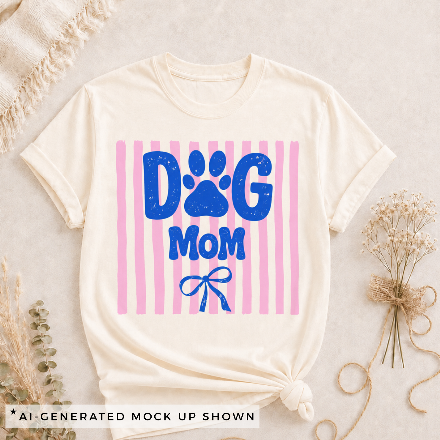 Ivory Comfort Colors Dog Mom shirt with bold blue paw print graphic and pink vertical stripes
