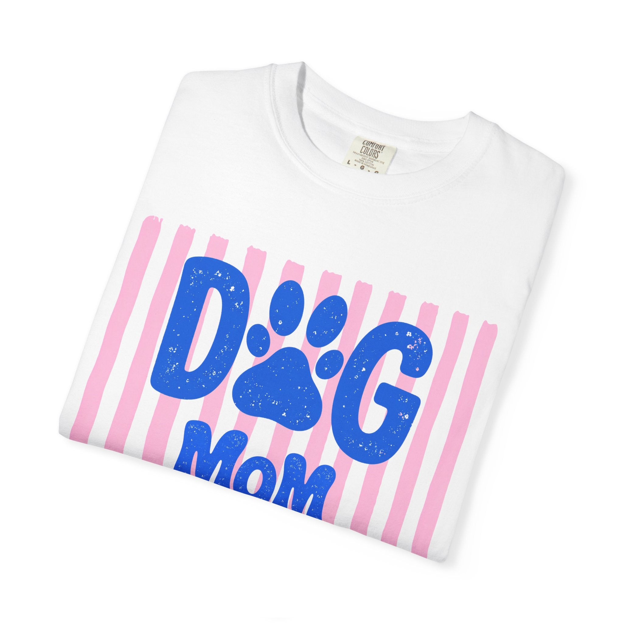 Dog Mom Comfort Colors tee in ivory — soft worn-in fit with bold paw print and bow
